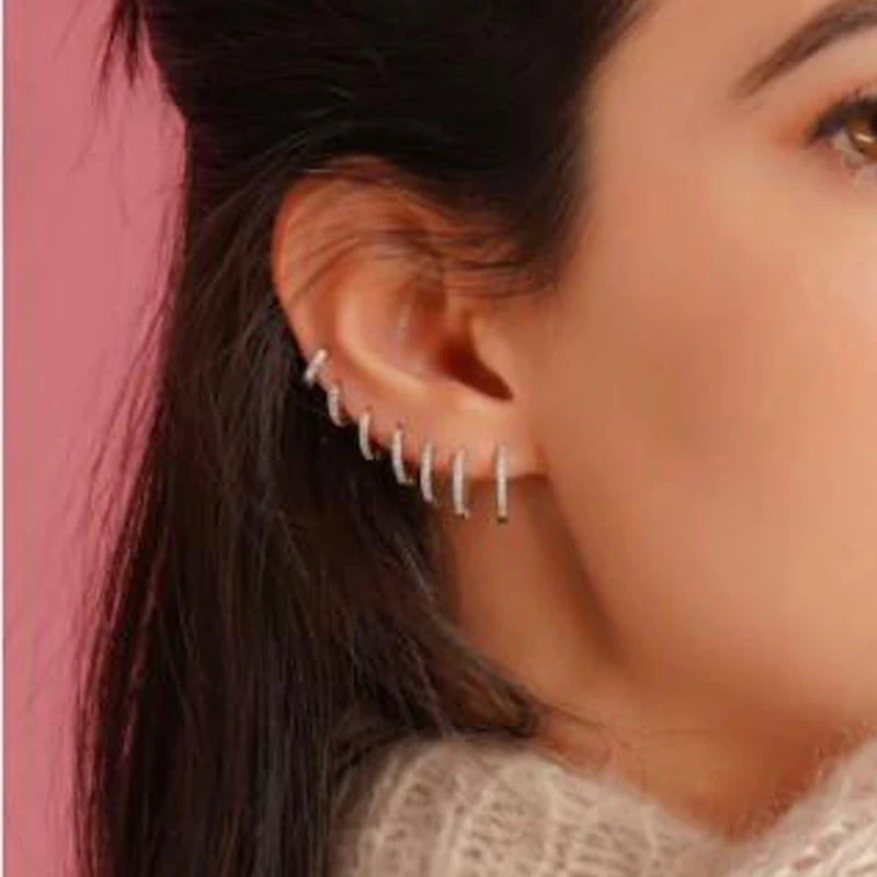 1Pair Stainless Steel Minimal Hoop Earrings - Crystal Zirconia -Small Huggie Thin Cartilage Earrings