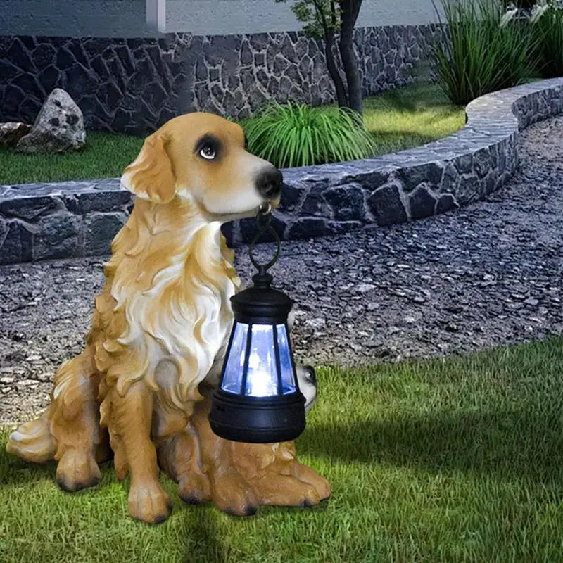 Dog Statue With Solar Lantern -  Labrador Dogs Statues Light