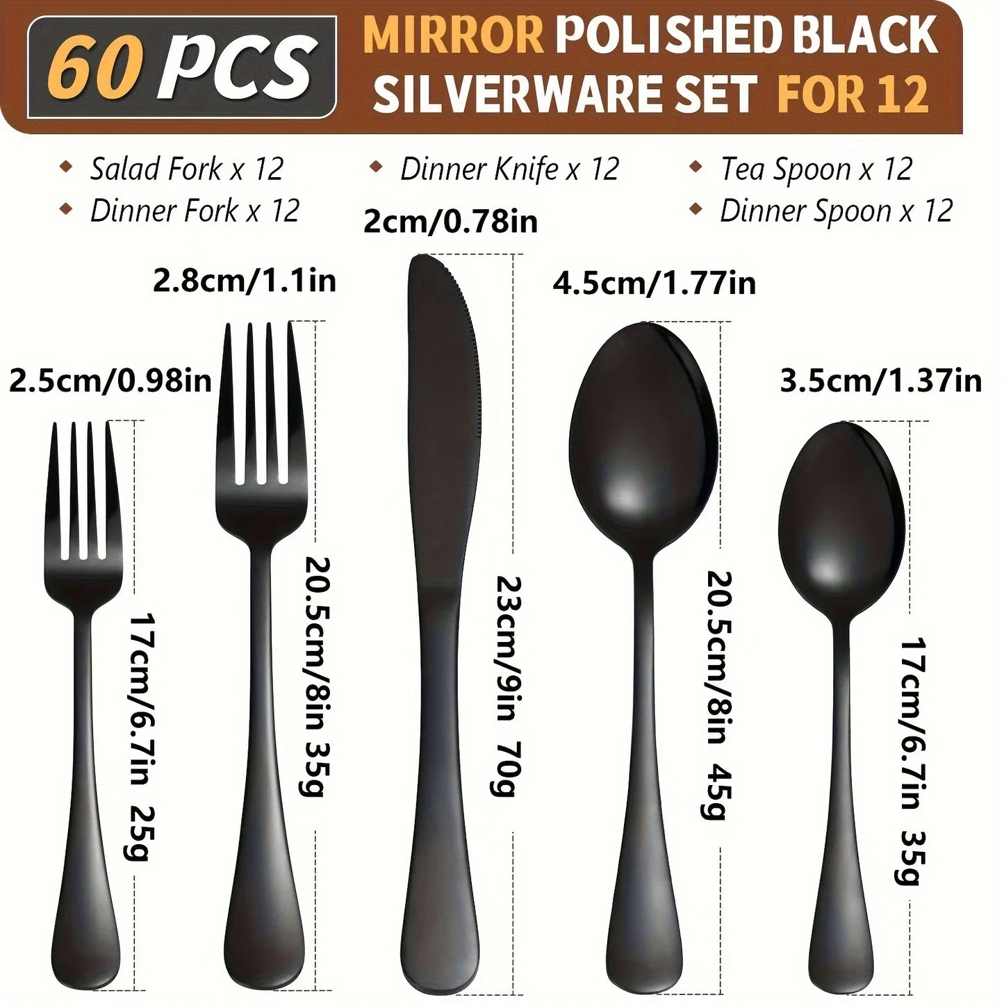 60pcs, Stainless Steel Flatware Set - Black Silverware Mirror Polished Cutlery Set - Dishwasher Safe