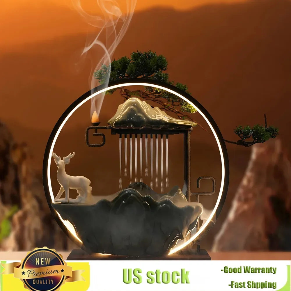 Indoor Water Fountain With Mist Touch Switch LED Light - Incense Burner Waterfall