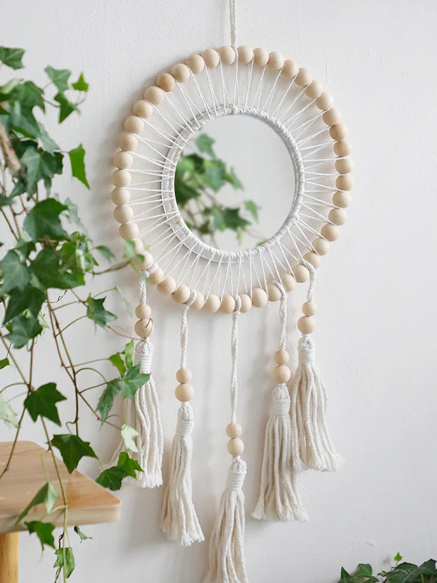 Wall Mirror Macrame Wooden Beads