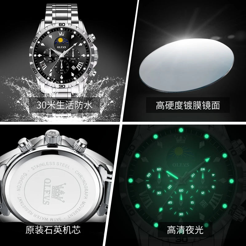 Original Moon Phase Men Watch -  Luminous Waterproof Quartz Watch - Calendar Chronograph Stainless Steel Wristwatch