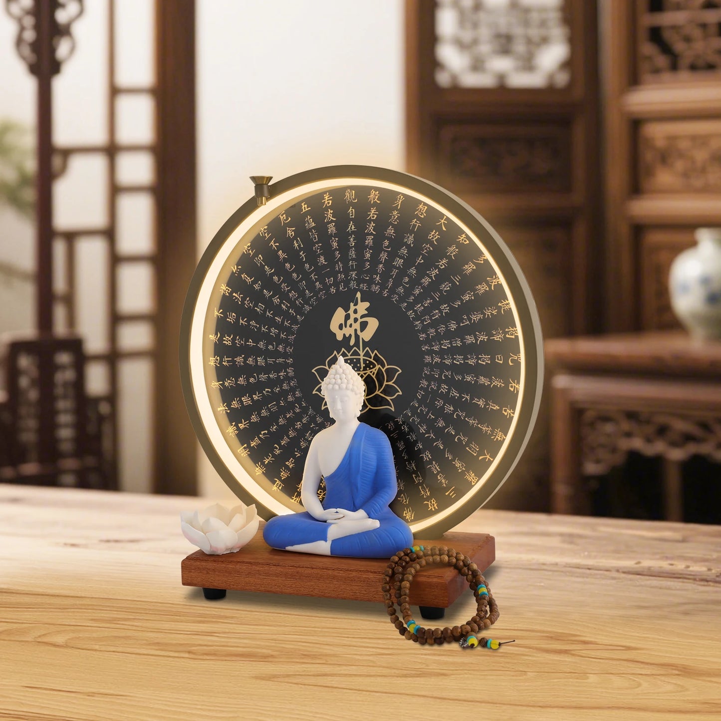Buddha Statue  Decor White/Red/Yellow/Blue 11.8*4.7*13in with Circle LED Lamp