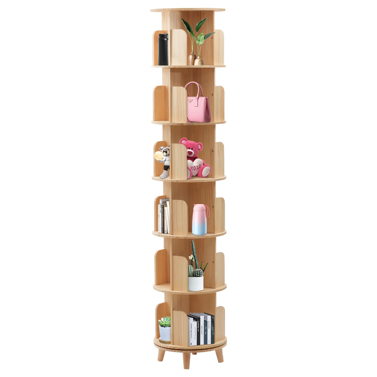 6-Tier Rotating Bookshelf Spinning Bookshelf Organizer, 360° Display Floor Standing Wood Bookcase Storage Rack for Kids&Adults