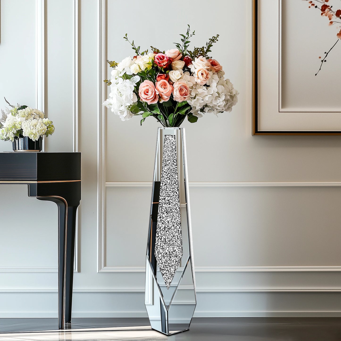 Modern Large Crushed Diamond Glass Vase for Home Decor   -  Crystal Centerpiece for Living Room