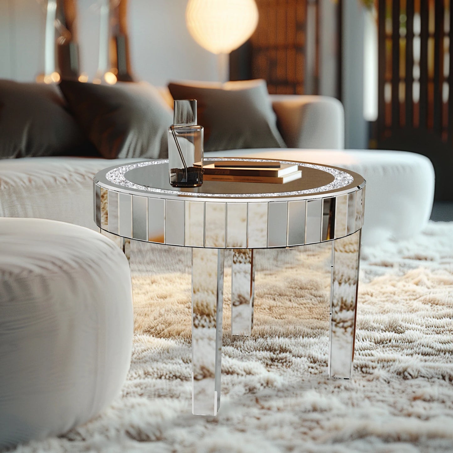 Luxury Modern Round Mirrored Accent Side Table with Crystal Diamonds