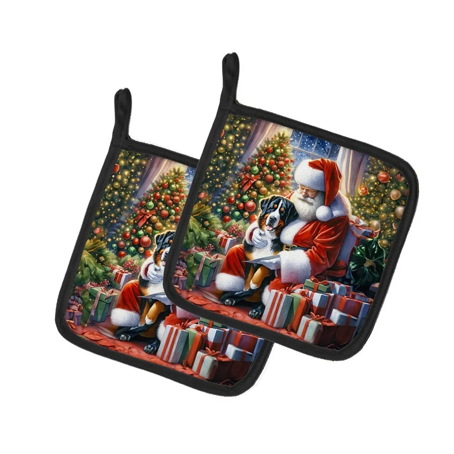 Swiss Mountain Dog and Santa Claus  - Pair of Pot Holders - Kitchen Heat Resistant Pot Holders