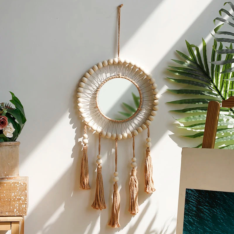 Wall Mirror Macrame Wooden Beads