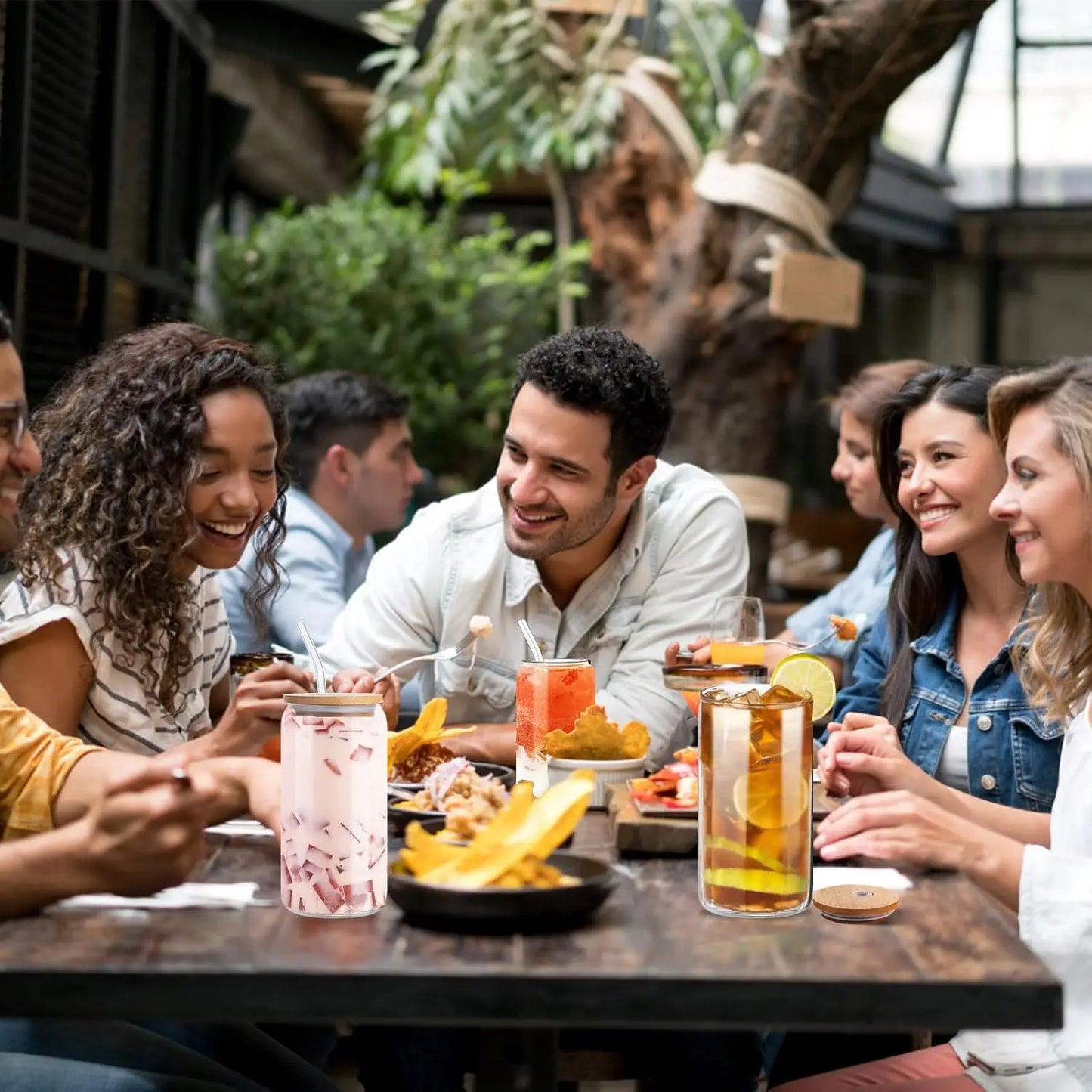 6pcs 18.6oz/Drinking Glasses with Bamboo Lids and Glass Straw