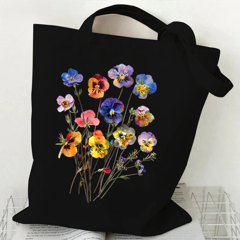 Wildflowers Pattern Retro Graphics Canvas Tote Bag