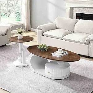 Modern 47.2" Nesting Coffee Table Set of 2, Oval and Round Centre Table Set for Living Room, Faux Marble Coffee Table and Round