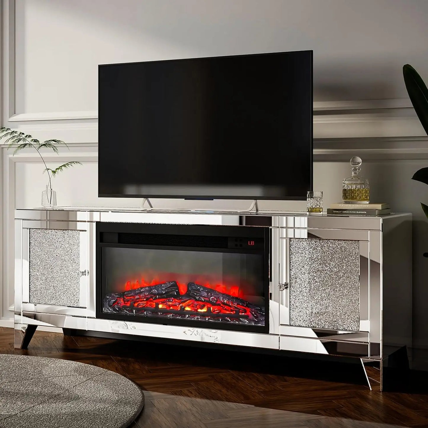 Fireplace TV Stand, Mirrored Silver  for 65 Inch TVs, Tall  Entertainment Center with Storage,