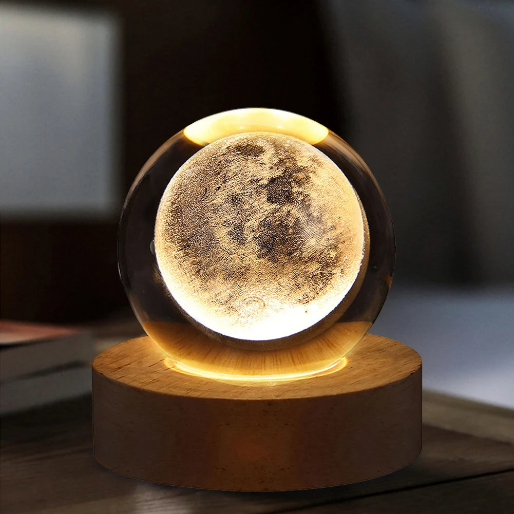 LED Crystal Ball Night Light - Crystal Ball Lamp with Wooden Base - USB Charging