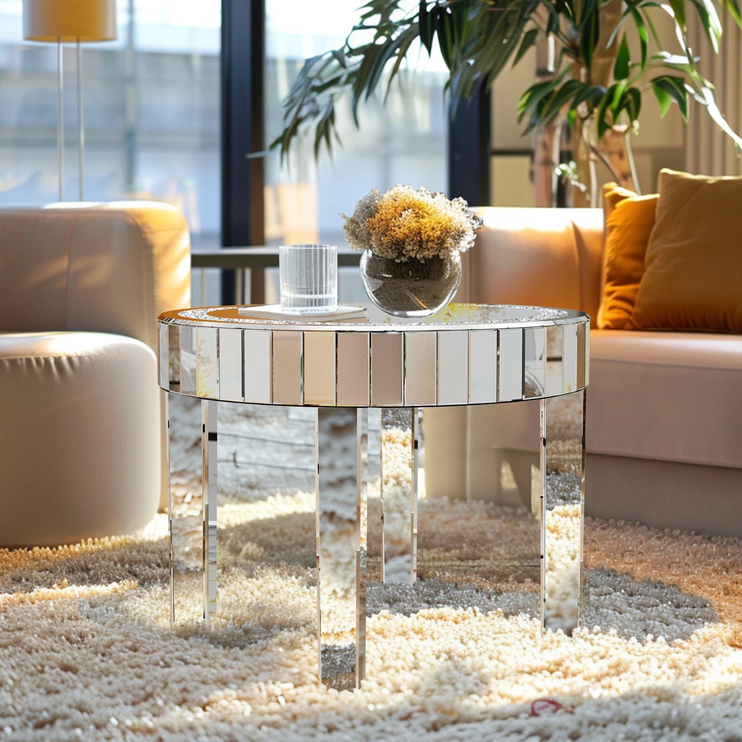 Luxury Modern Round Mirrored Accent Side Table with Crystal Diamonds