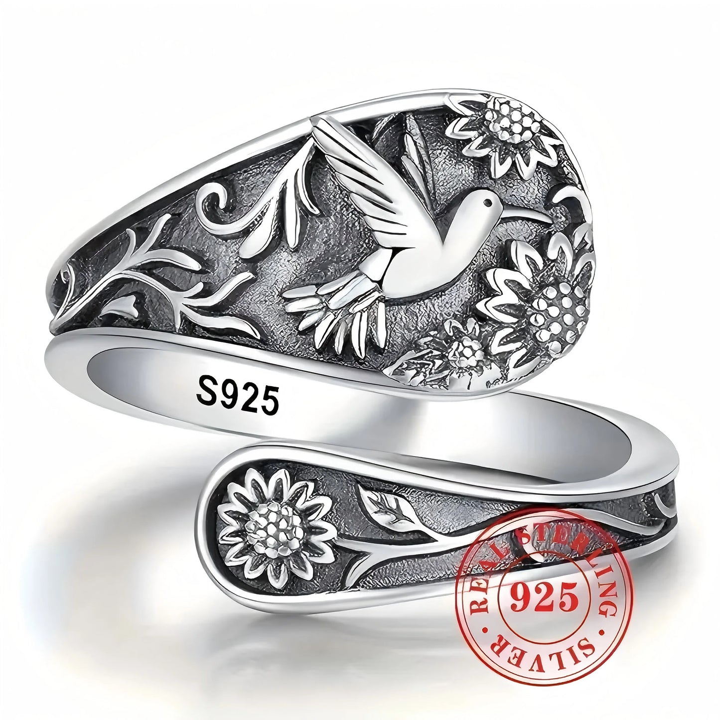 Adjustable Bohemian Ring - S925 Silver Floral & Bird Open Band, - Unique Gift Idea