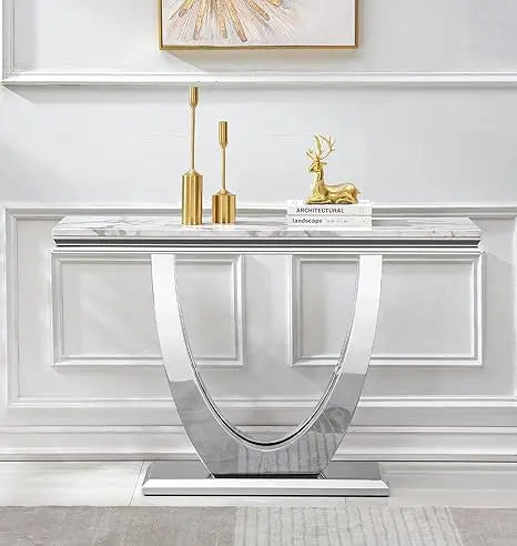White Marble Console Table with Stainless Steel U-Base