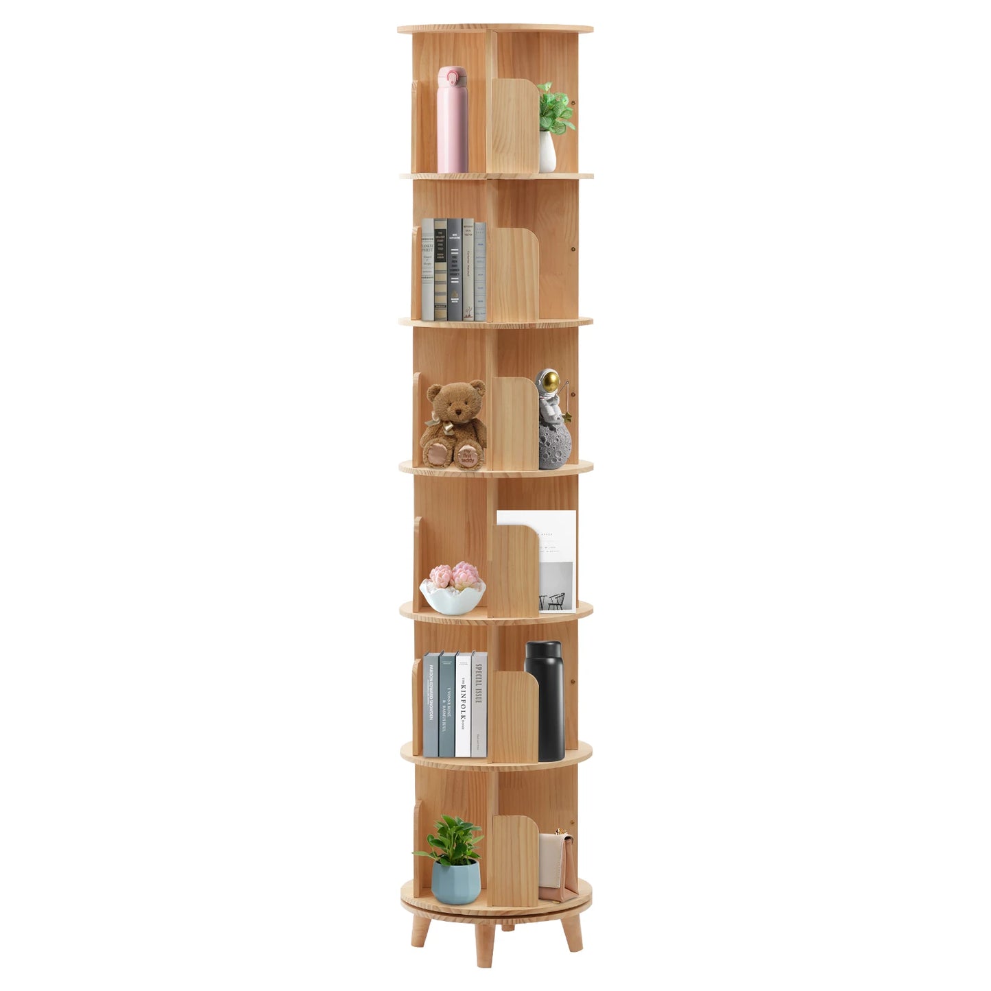 6-Tier Rotating Bookshelf Spinning Bookshelf Organizer, 360° Display Floor Standing Wood Bookcase Storage Rack for Kids&Adults