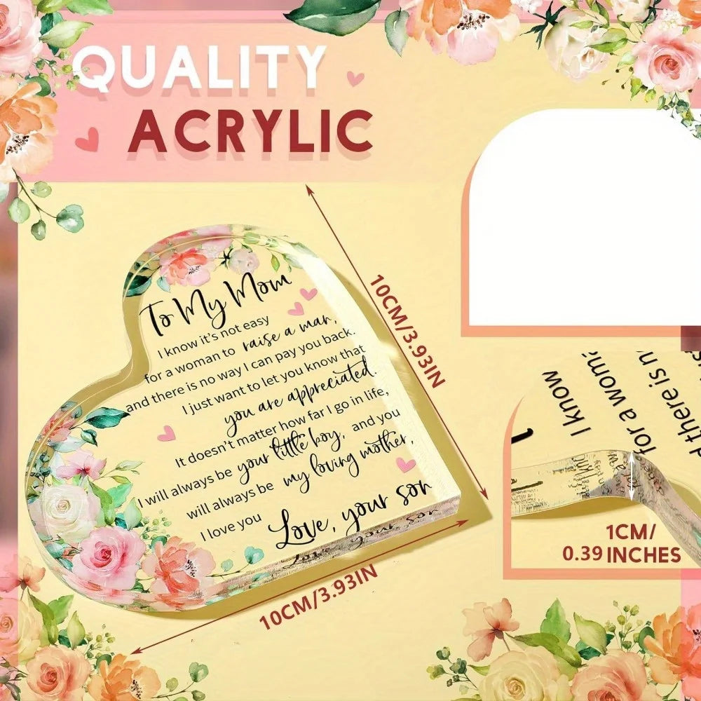 Mom Acrylic Heart Plaque: Birthday/Mother's Day/Christmas/Valentine's Gift from Son/Daughter.