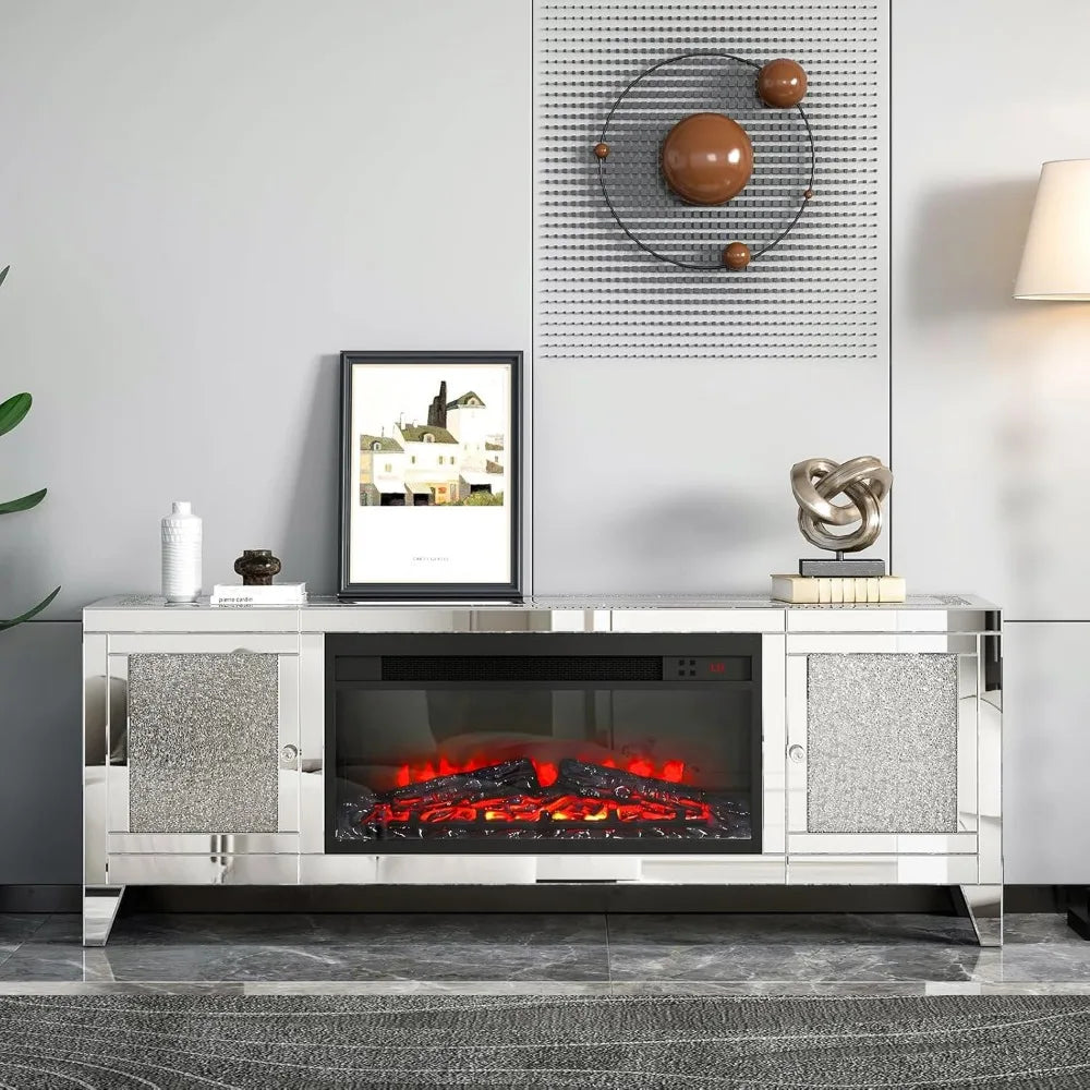 Fireplace TV Stand, Mirrored Silver  for 65 Inch TVs, Tall  Entertainment Center with Storage,