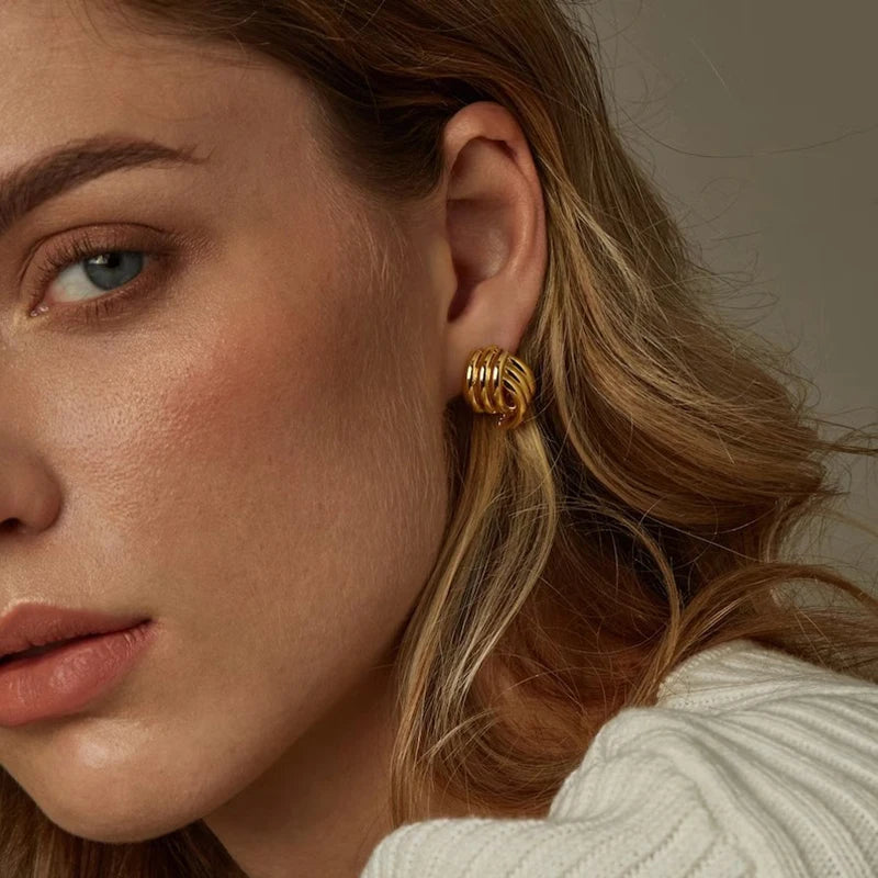 Fashion Glossy Three-Layer Textured Intersecting Knot Earrings for Women - Gold Color Stainless Steel Earring V