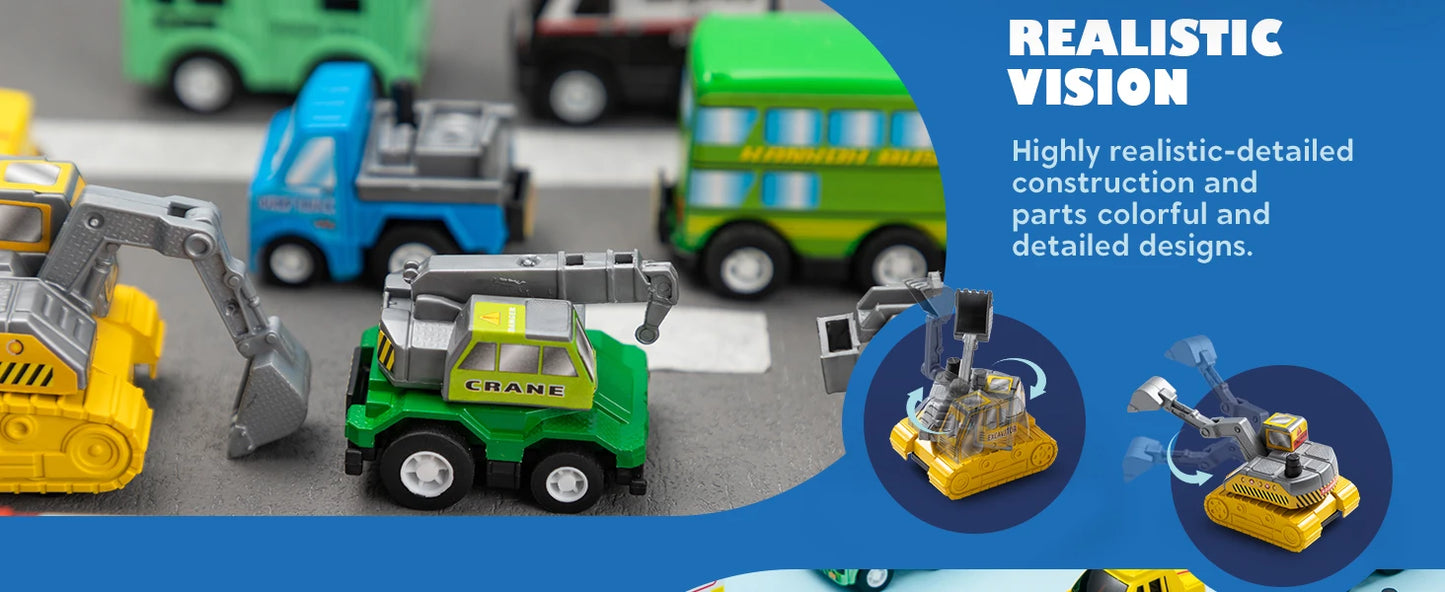 18 Pcs Pull Back City Cars and Trucks Toy Vehicles Set - Friction Powered Cars