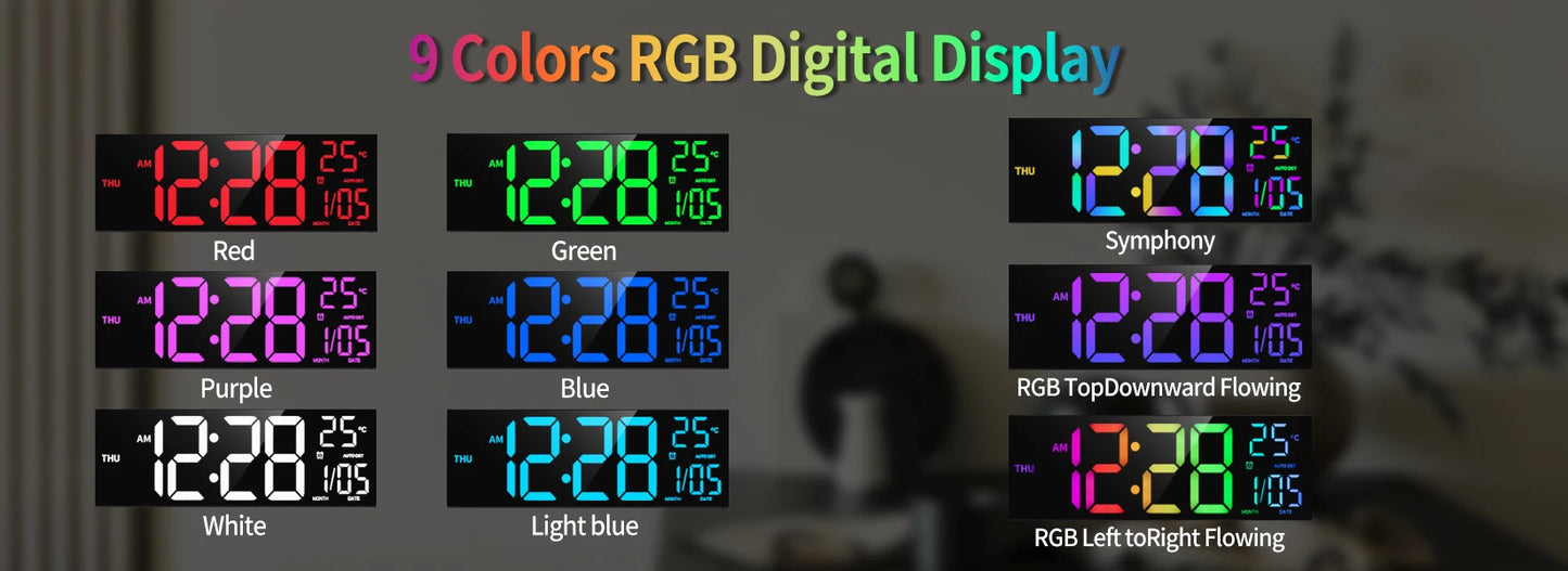 16" Large Digital Wall Clock,-  Big LED Display with Remote, - 8  RGB Color, - Alarm, DST, -Temperature for Living Room, Kitchen