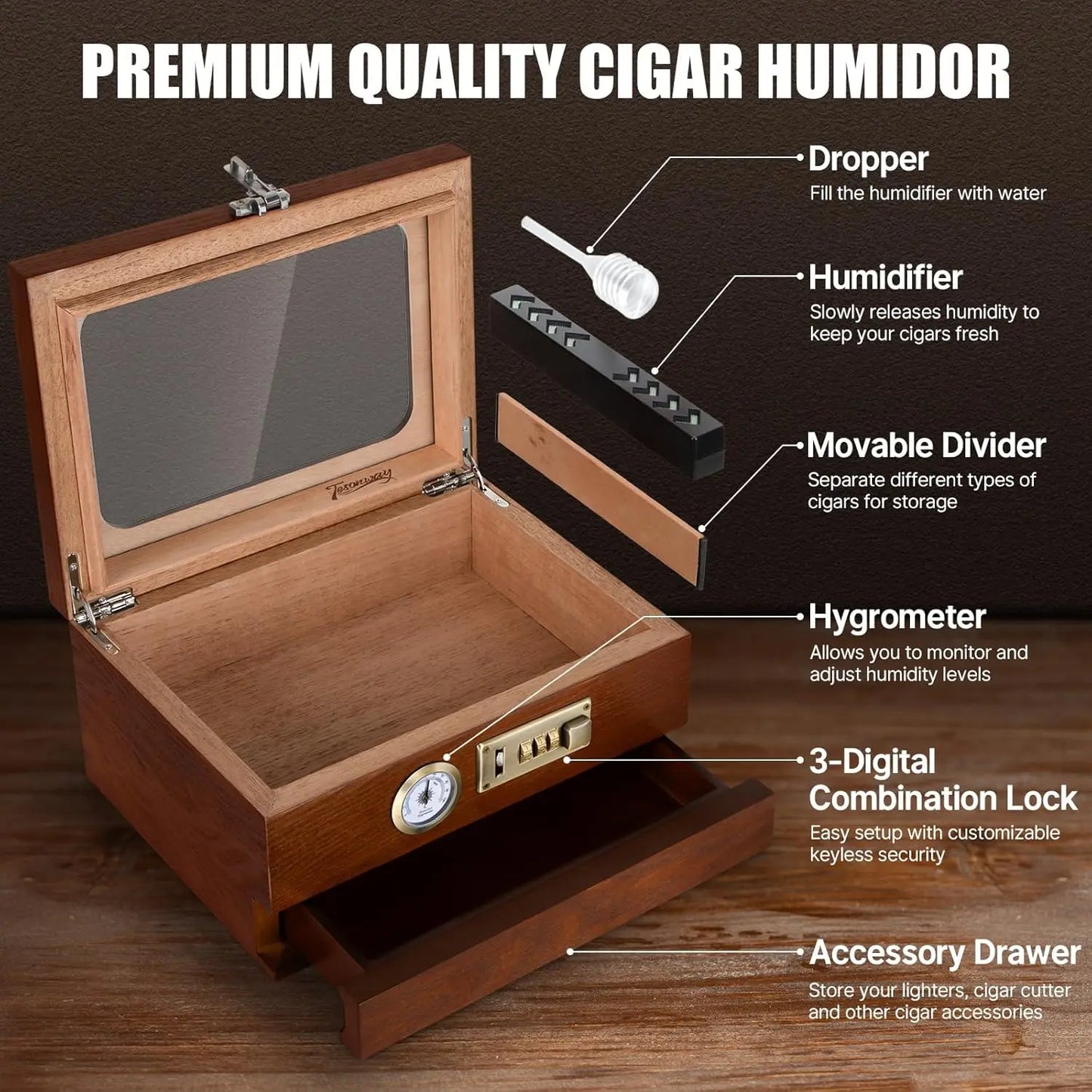 Cedar Wood Cigar Humidor,Glass Top Desktop Box with Front Hygrometer,Humidifier,Divider,Accessories Drawer and Combination Lock