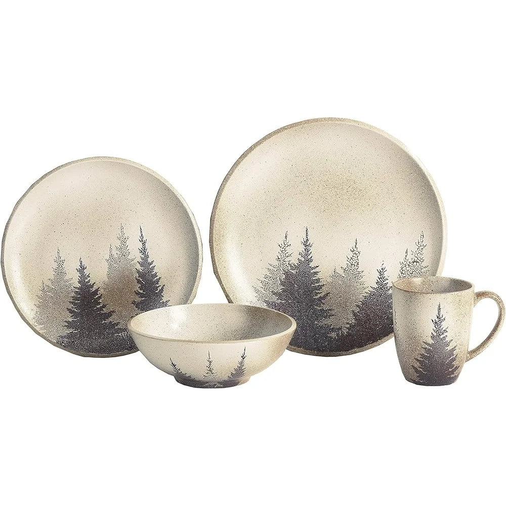 Rustic Dinnerware Set - 16 Piece Pine Tree Ceramic Dishware Quality -Stoneware Plates Bowls Mugs - Microwave - Dishwasher Safe