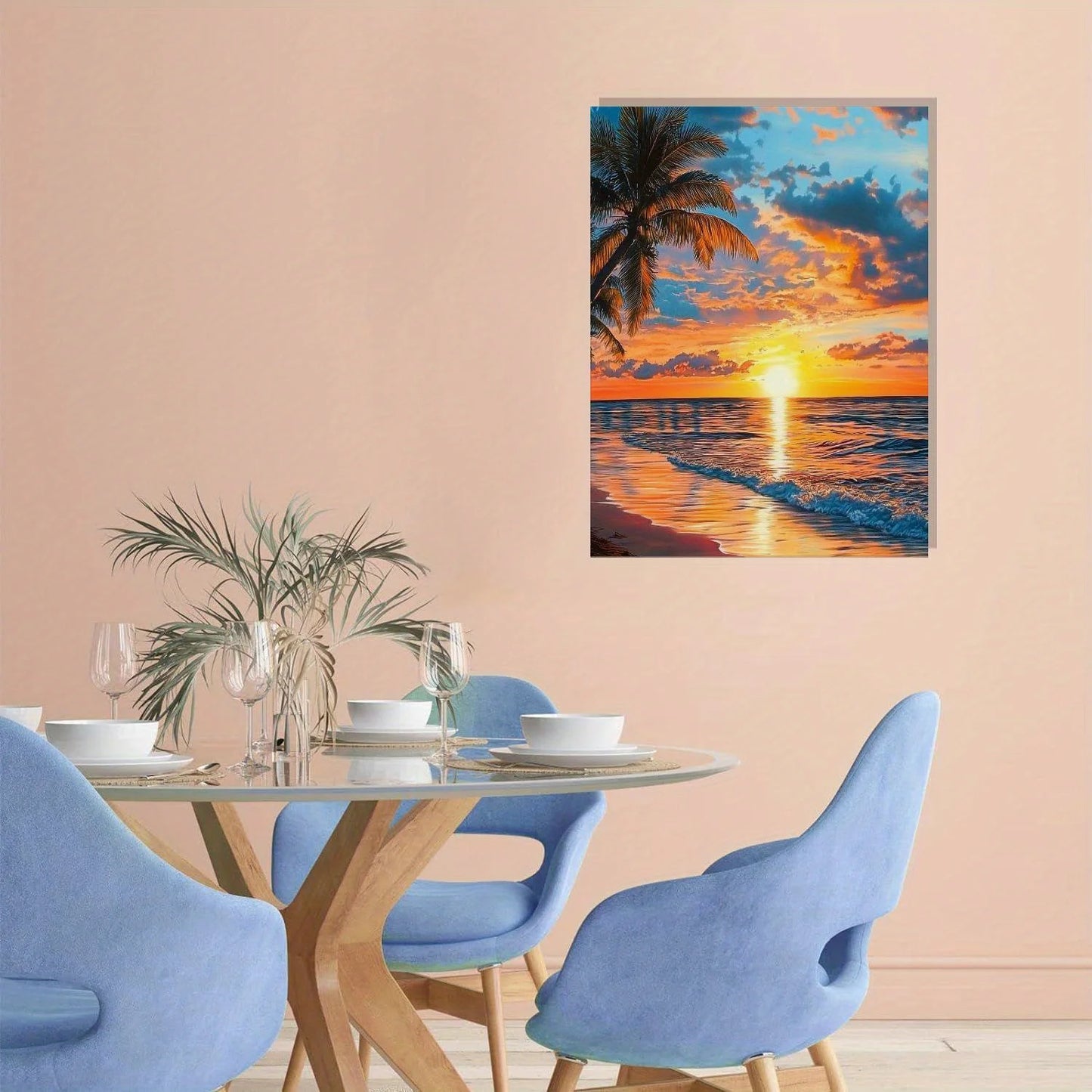 Romantic Coastal Painting with Warm Sunset