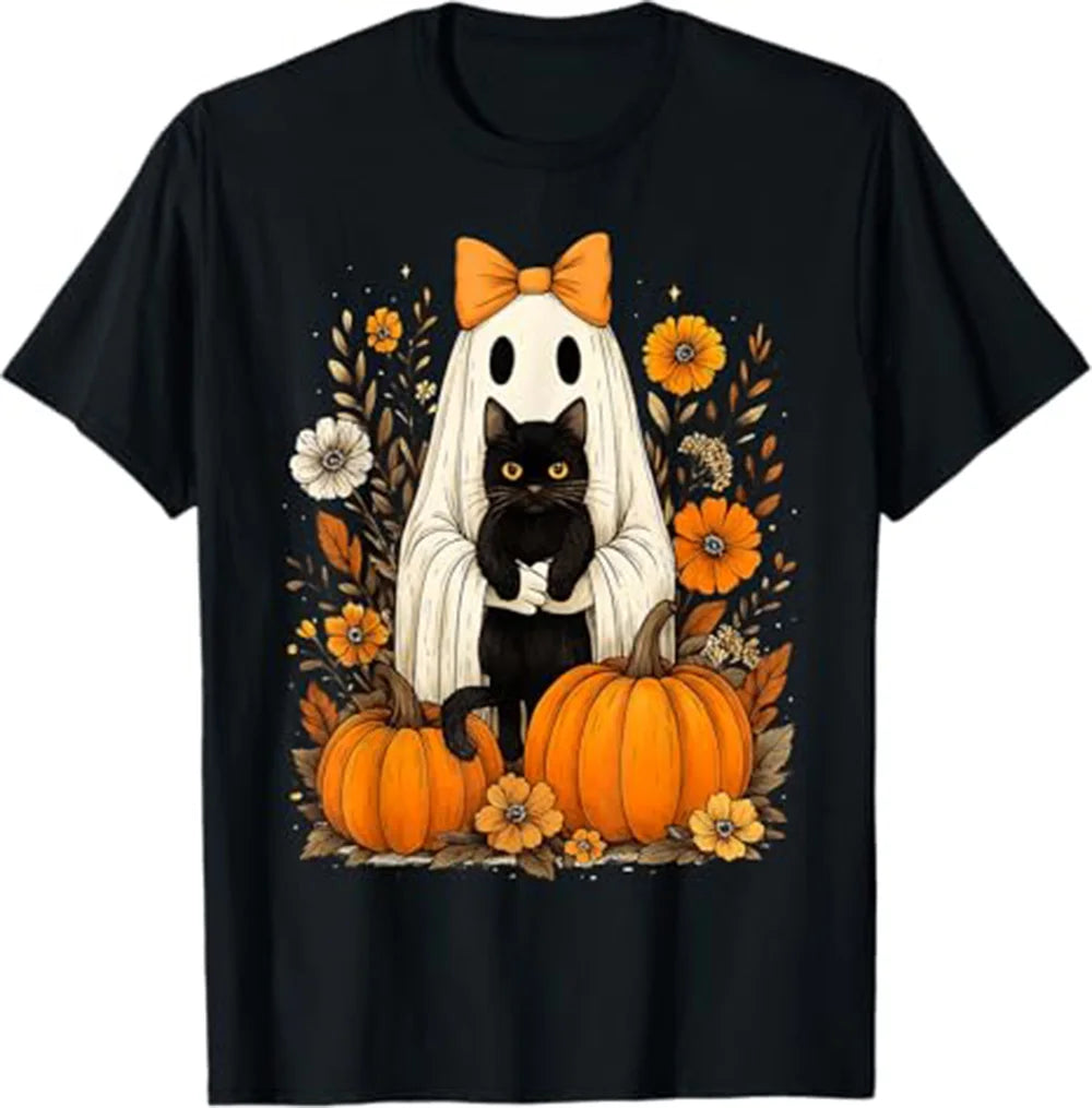 Vintage Halloween Ghost Holding Black Cat - Groovy Floral T-Shirt