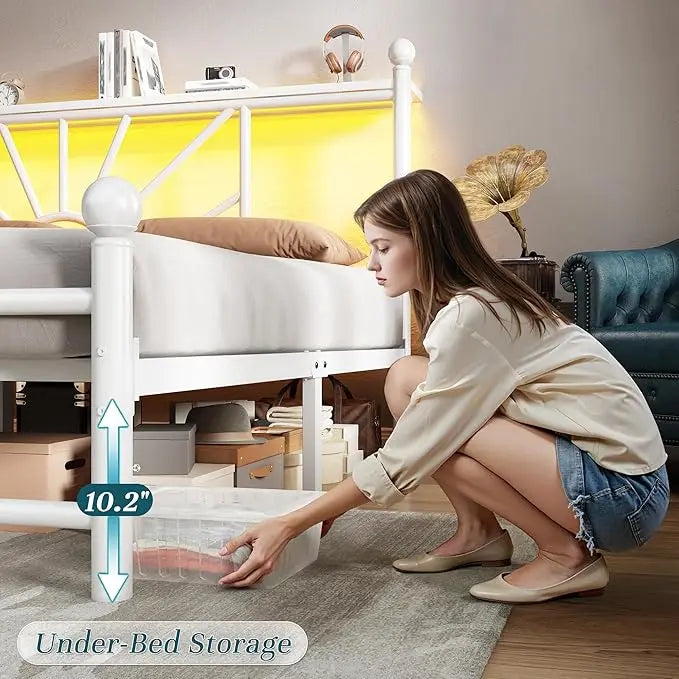 Metal King Bed Frame and Headboard, Footboard,King Size Bed Frame with LED Light, Mattress Foundation with Under Bed Storage