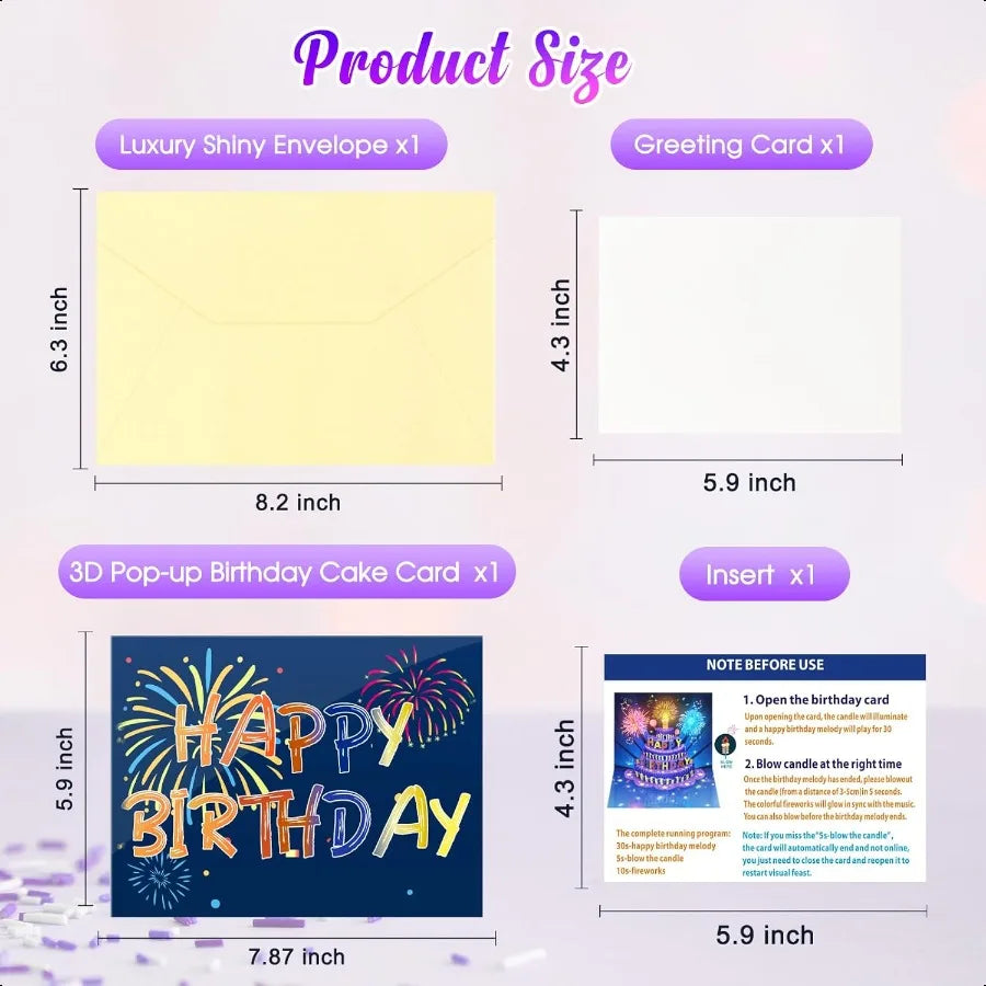 Fireworks Birthday Cards 3D Pop Up Blowable Cake. Greeting Cards with Lights Music Happy Birthday
