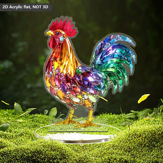 Colorful Animal Figurines - Acrylic Decorative Plaque 2D Flat Owl Rooster Tabletop Decor with Base Decorations and Stand
