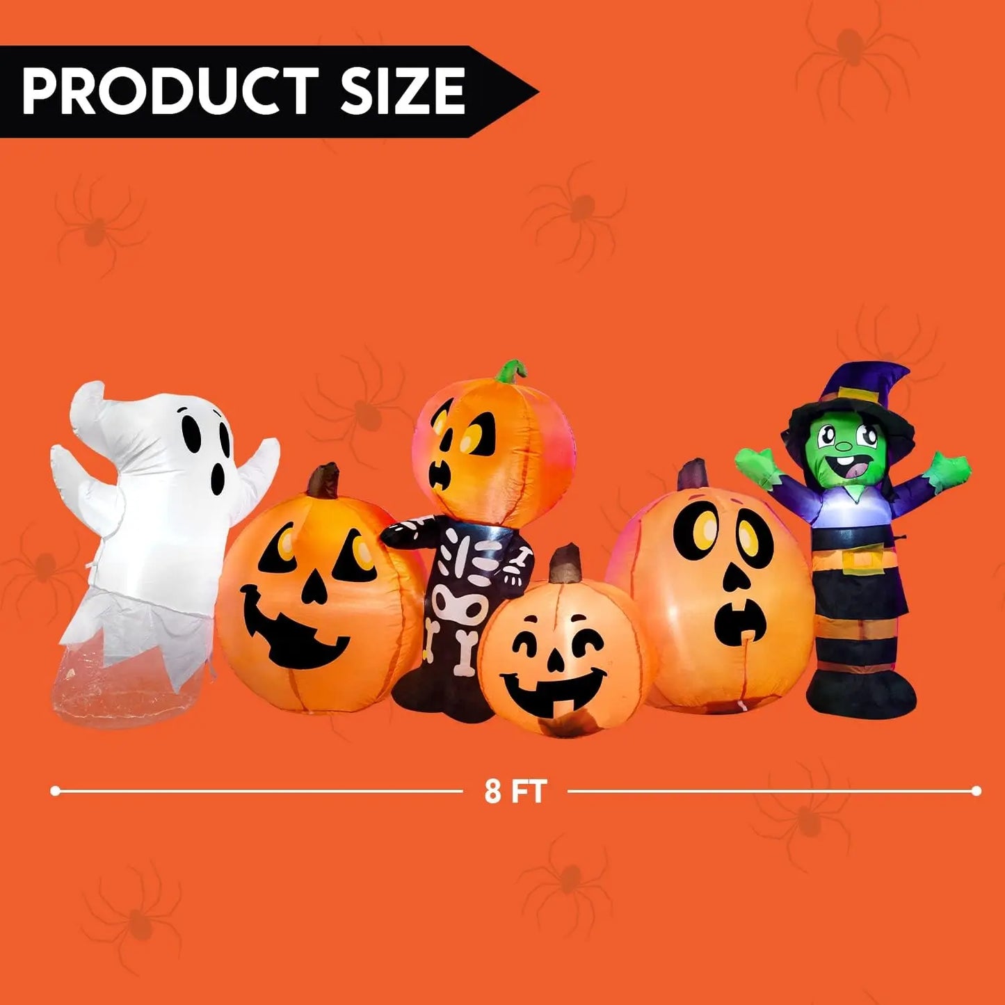 JOYFY 8 ft Long Halloween Inflatable - Three Characters and Pumpkin Patch Outdoor Decoration - Inflatable Witch Ghost Skeleton Yard