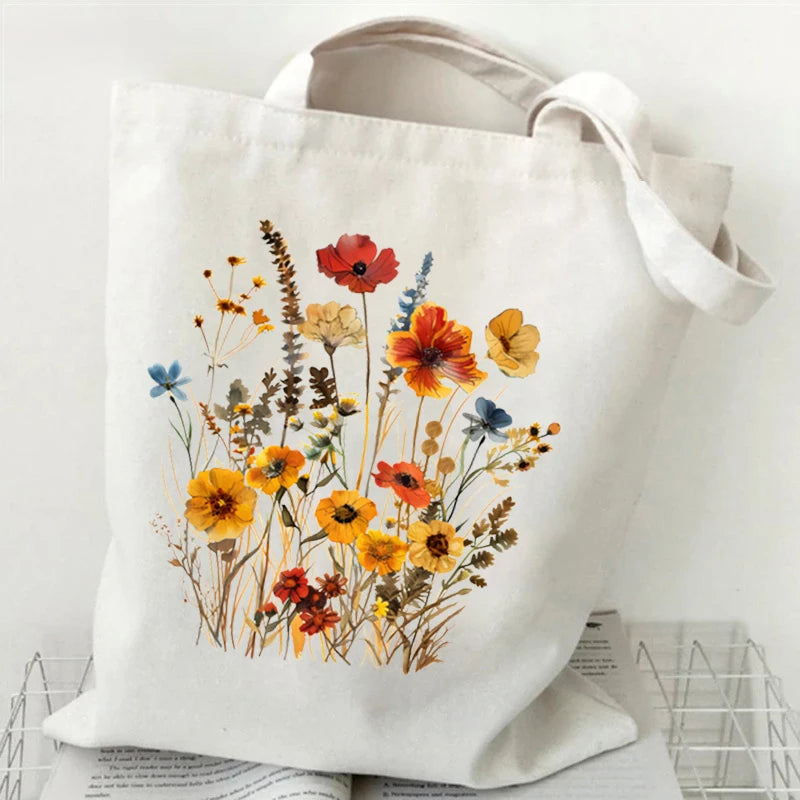 Wildflowers Pattern Retro Graphics Canvas Tote Bag