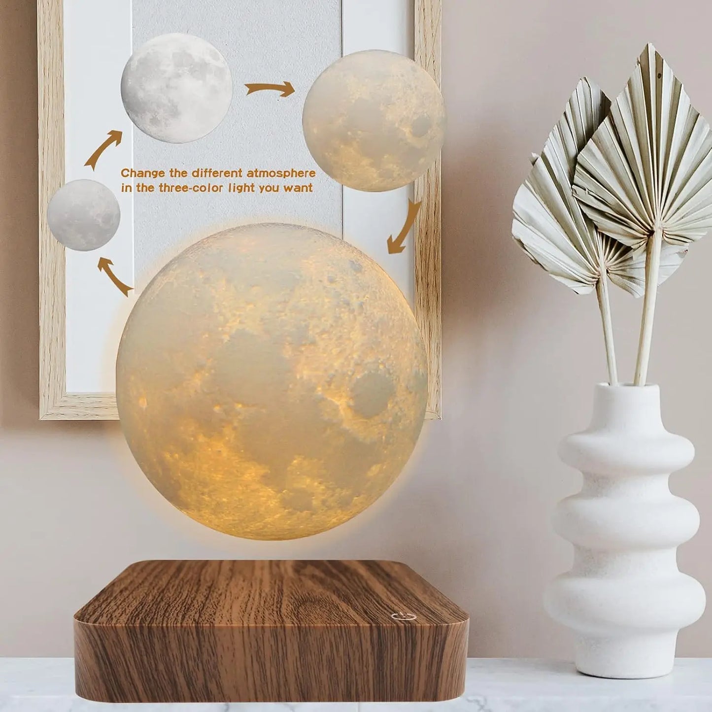 Magnetic Floating Rotating Moon Lamp with Wooden Base, 3 Color Temperature LED Night Lights