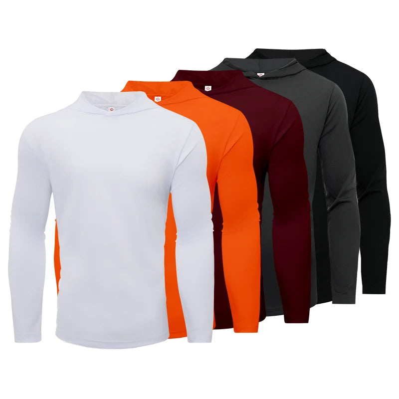 Men's five piece sports long sleeved T-shirt,- hooded solid color breathable sports shirt, suitable for running and fitness