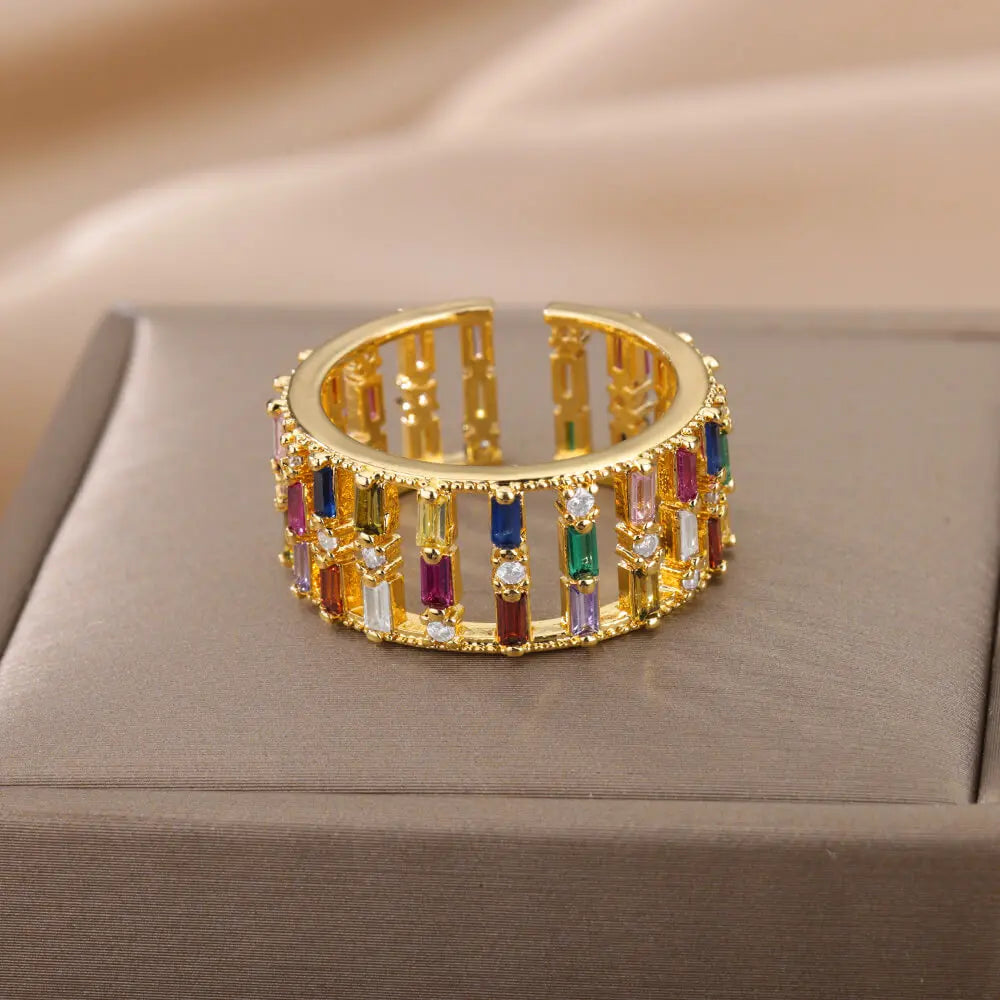 Rainbow Zircon Rings For Women Stainless Steel Gold Color - Geometric Adjustable Ring J