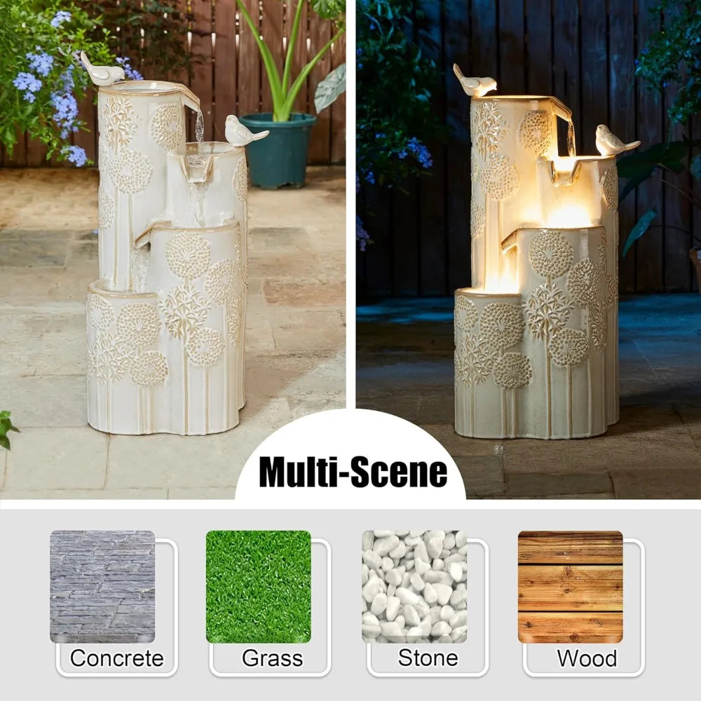 31.75" H Outdoor Water Fountain with LED Lights and Pump,- 4 Tier Dandelion Texture Vase Shaped Ceramic Floor Standing Fountain