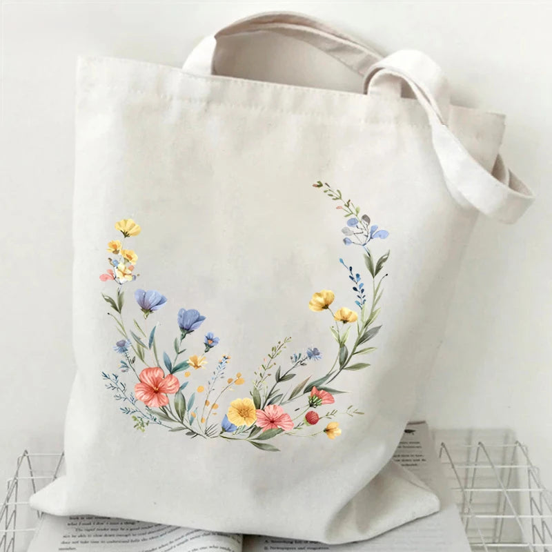 Wildflowers Pattern Retro Graphics Canvas Tote Bag