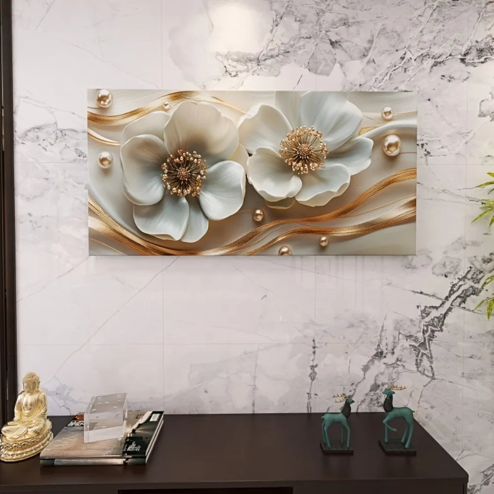 Modern abstract white floral canvas wall art with gold embellishments