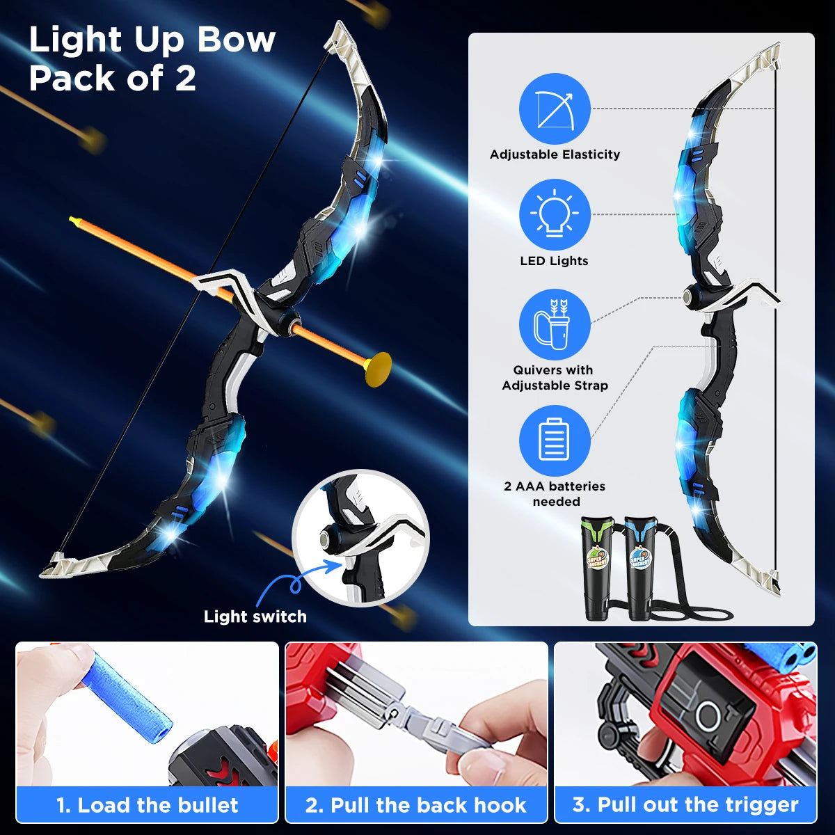 VATOS 2X Bow Arrow + Guns Toy For Kids - LED Light Up Archery with Suction Cup Stand - Target Dart Board Indoor Outdoor Game Toys