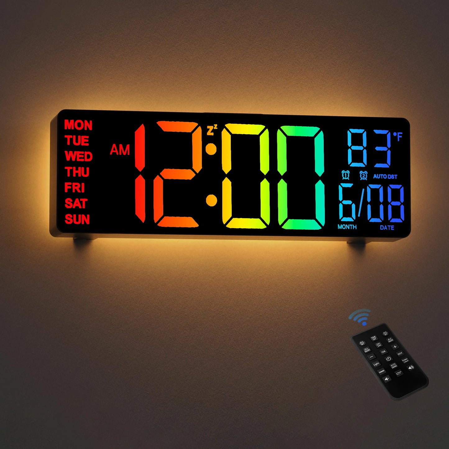 10.5" Digital Wall Clock, LED Display with Remote, Auto DST, Temperature for Living Room, Bedroom, Kitchen