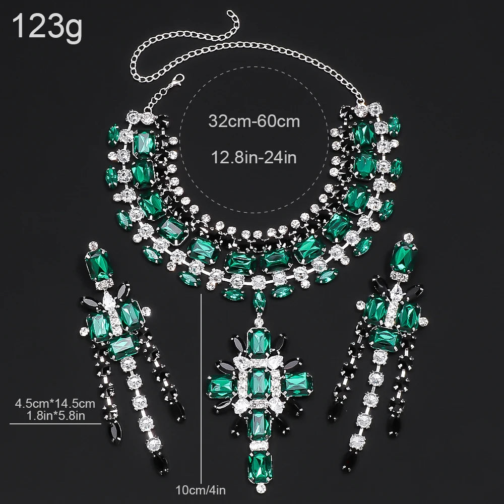 Green Cross Pendant Choker -  Bridal Collar Charms Party  - -Necklace Rhinestone Jewelry Pendant