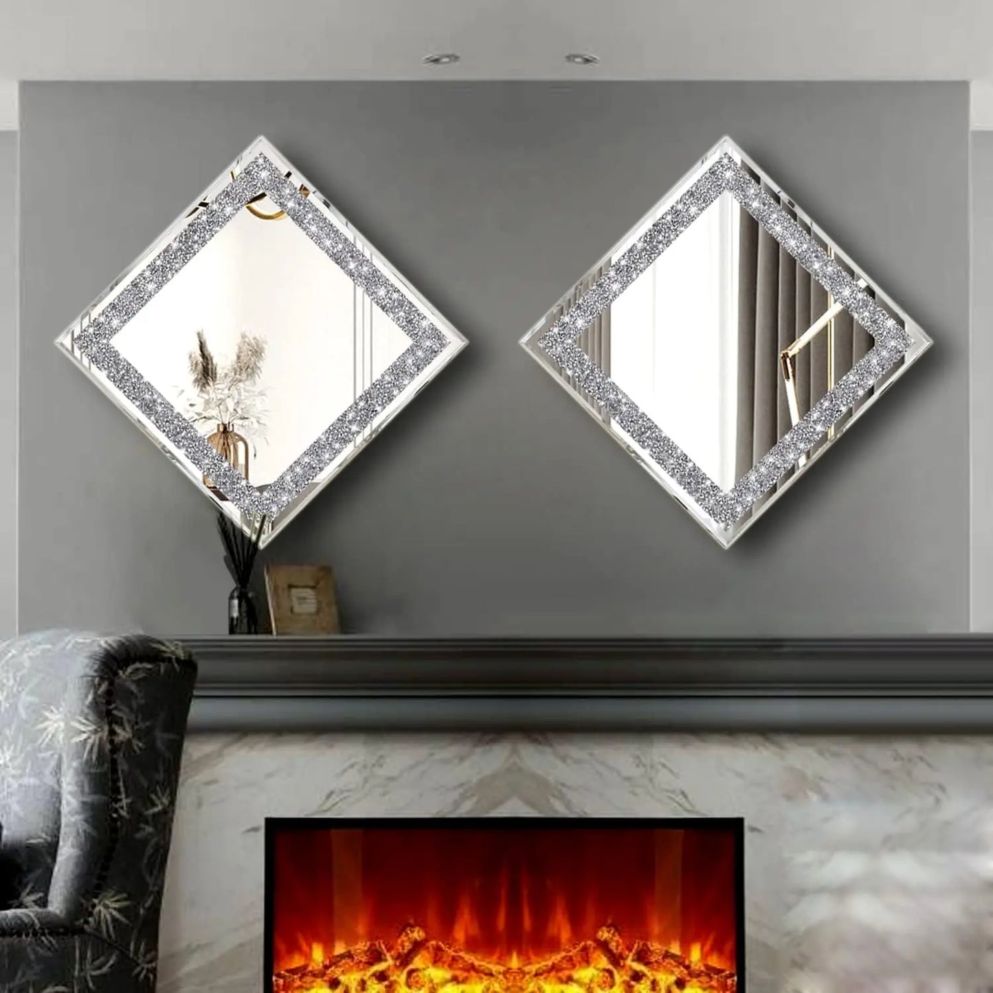 2 Piece Wall Mirrors, Crush Diamond Mirrors Decor,   (12”X12”)