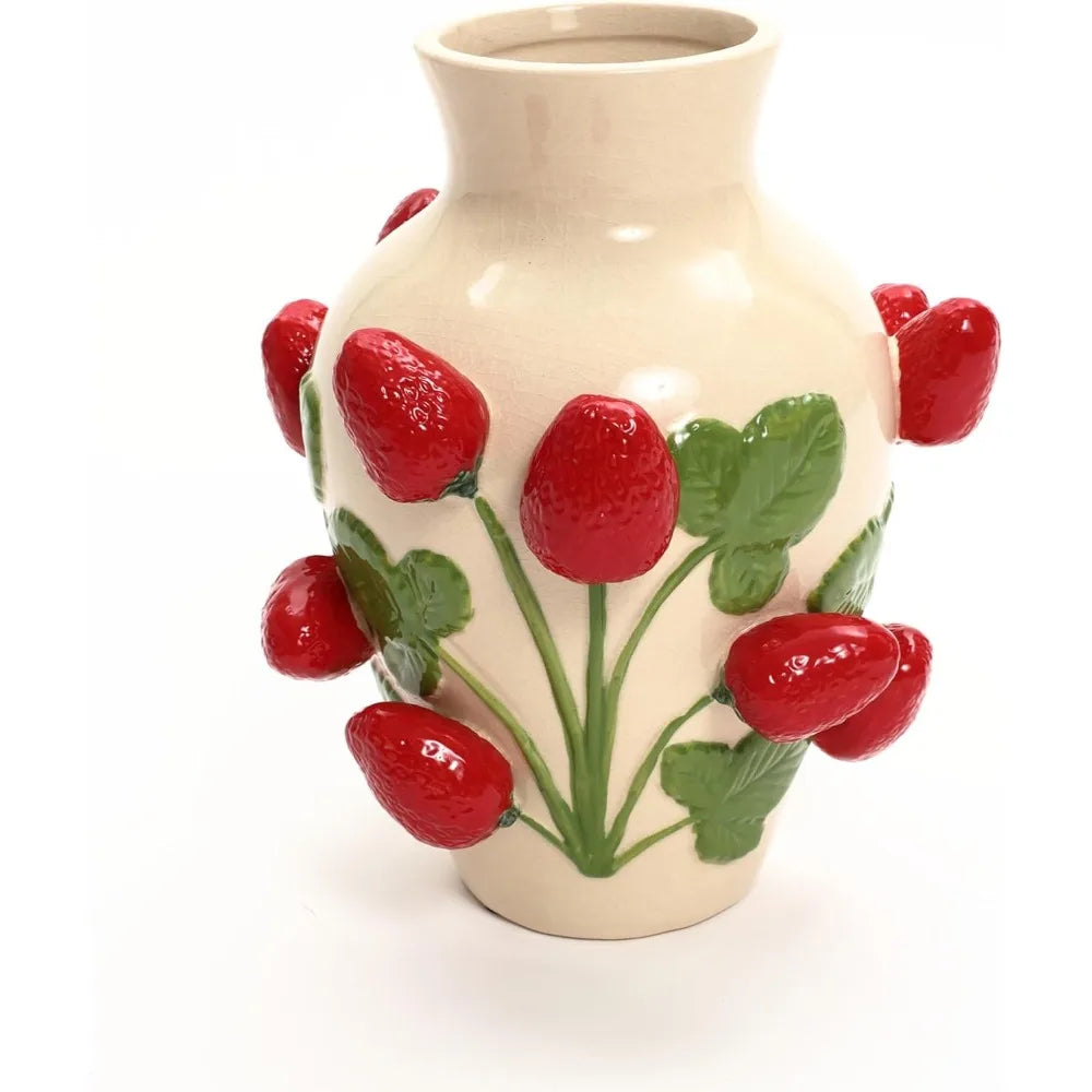 Unique Ceramic Flower Vase, - Modern Decorative Pottery Vases for Dining Table or Living Room Decor,- Ivory with Red Strawberries