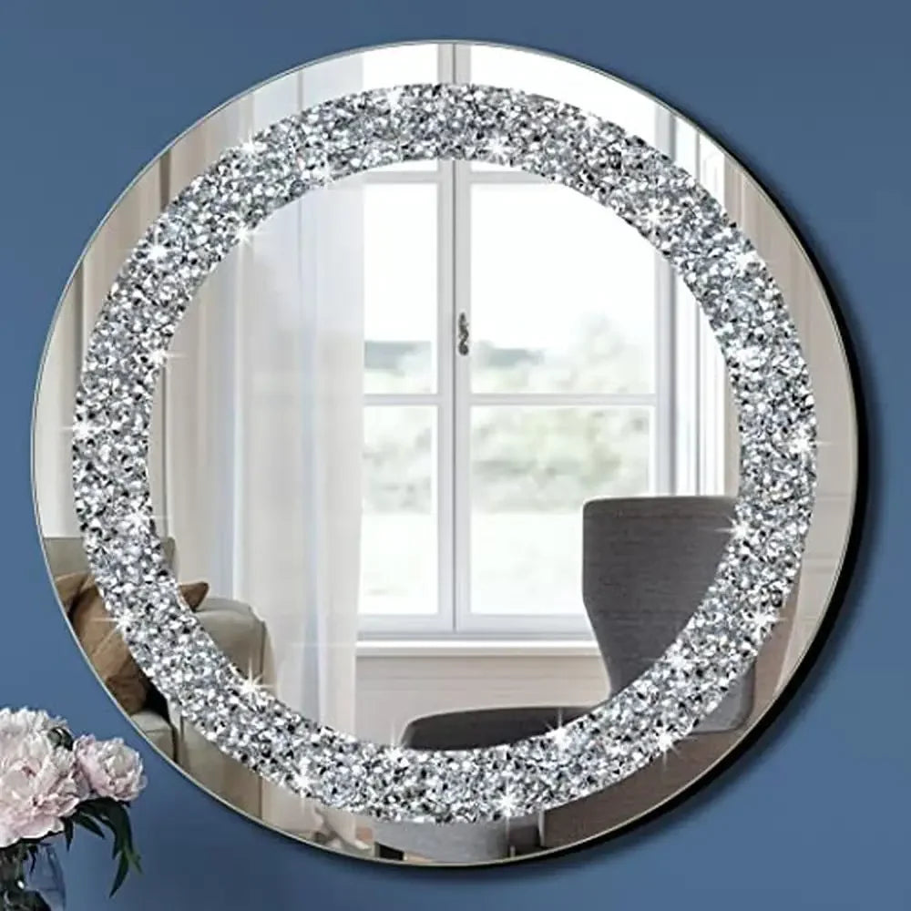 Crystal Crushed Diamond Round Silver Wall  Mirror