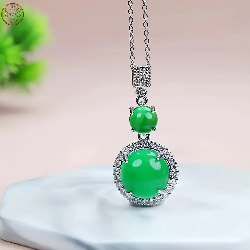 925 Silver Natural Ice Chalcedony Fashion Jewelry Set - Classic Luxury Round Green Earrings for Women - Diamond Ring - Necklace
