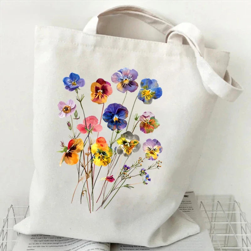 Wildflowers Pattern Retro Graphics Canvas Tote Bag