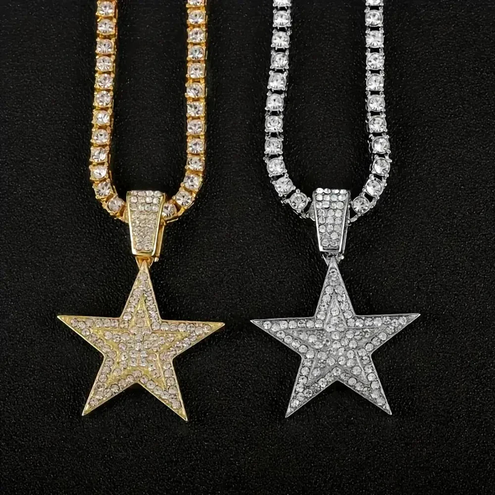 Iced Out Popular Full Rhinestone Star Shape Pendant  - Match with a 20inch Tennis Chain